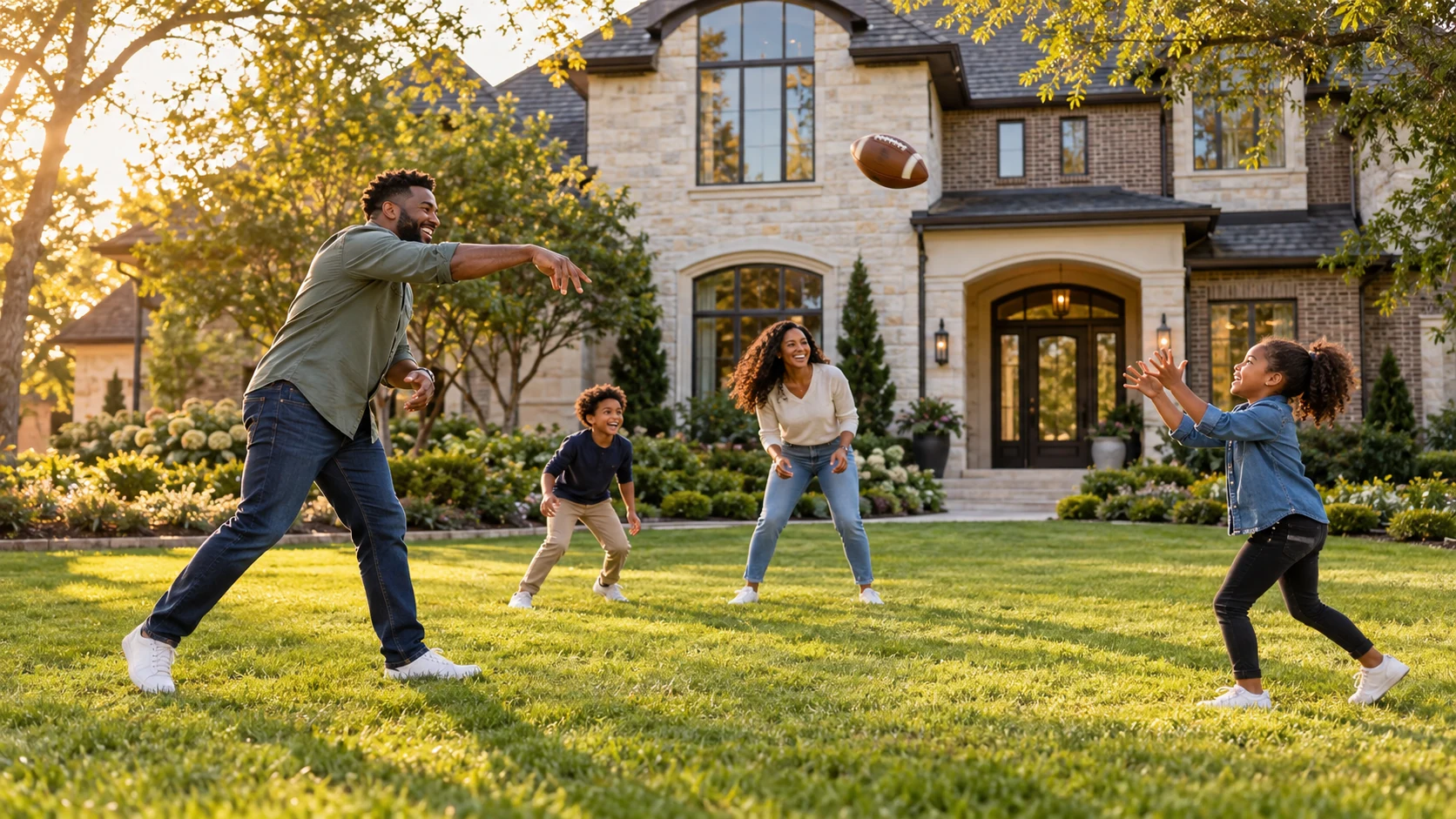 A Black family playing football together in the front yard of an elegant home.